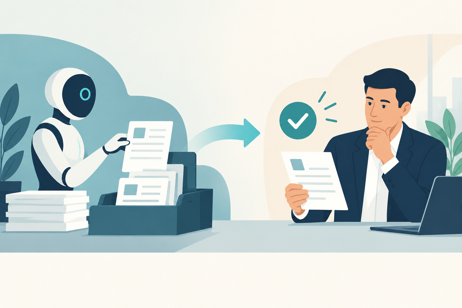 AIに任せる作業と人が判断する作業を分けるイメージ